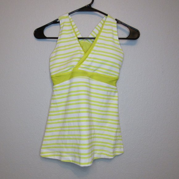 Lululemon Deep V Tank Top Stretch Back Pocket Yellow Striped Shelf Bra S… - Picture 3 of 7